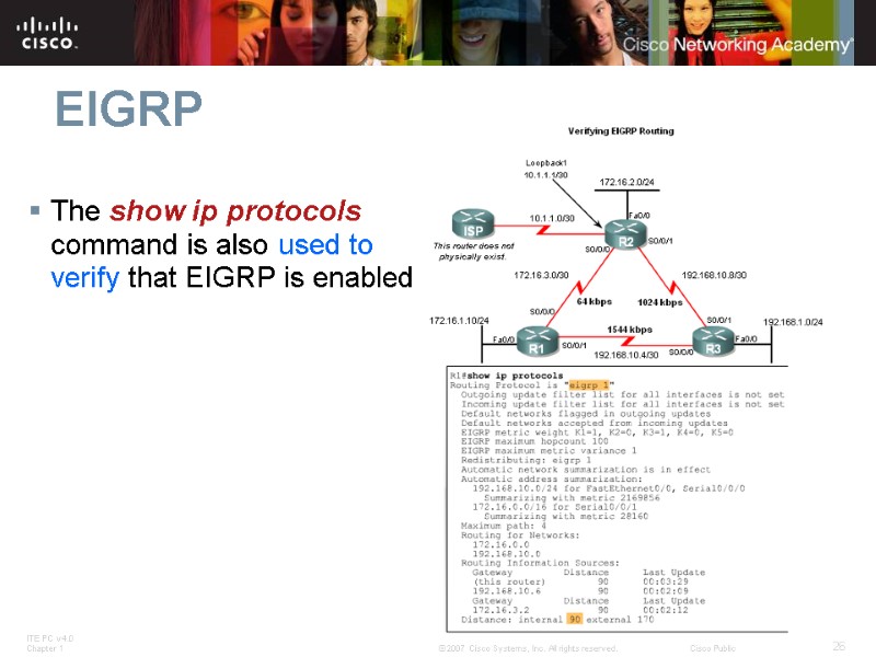 EIGRP The show ip protocols command is also used to verify that EIGRP is